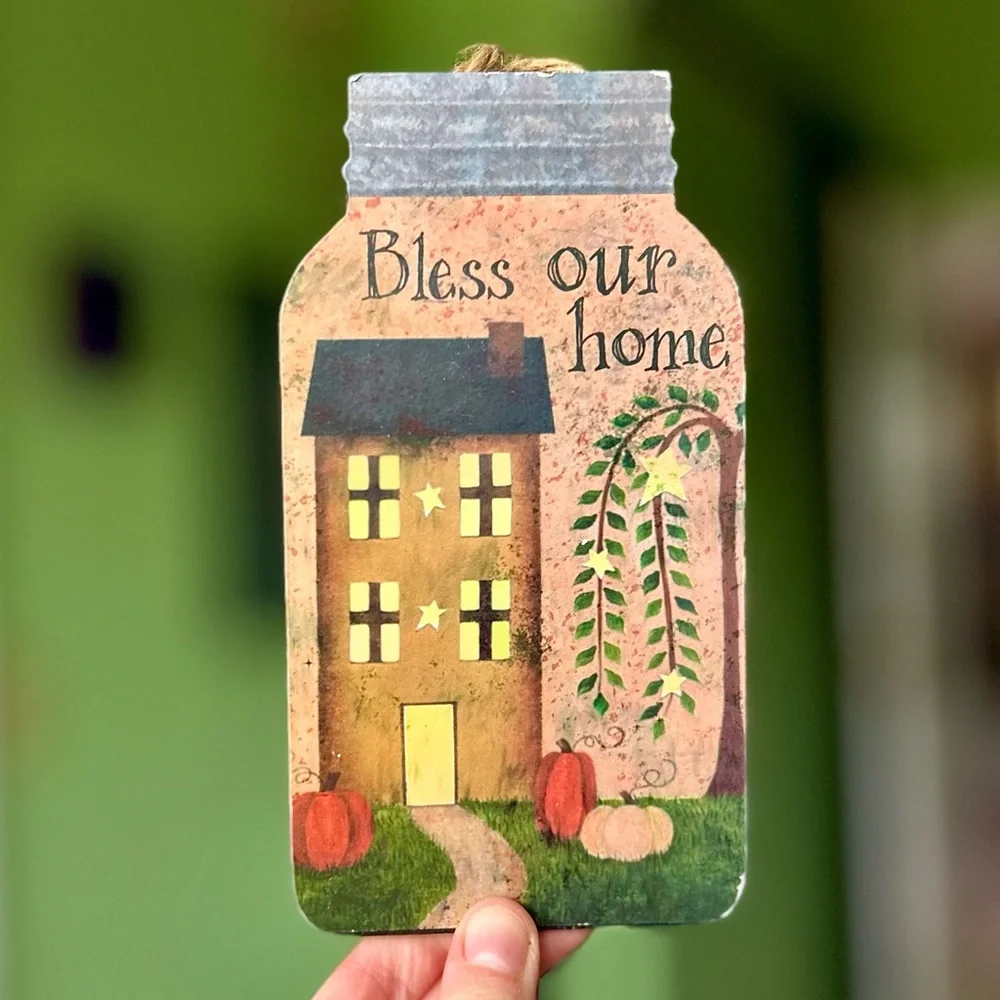 VTG Rustic Farmhouse Mason Jar Shape Cottagecore Bless This Home Pumpkin Wall